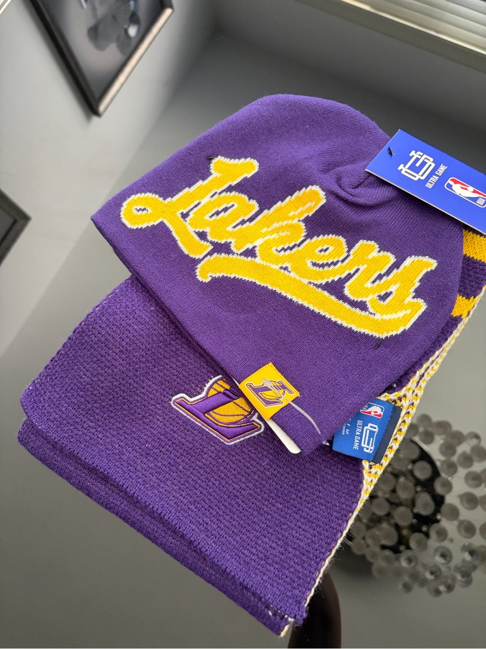 NBA Purple and Yellow Lakers Knit Beanie and Scarf Set